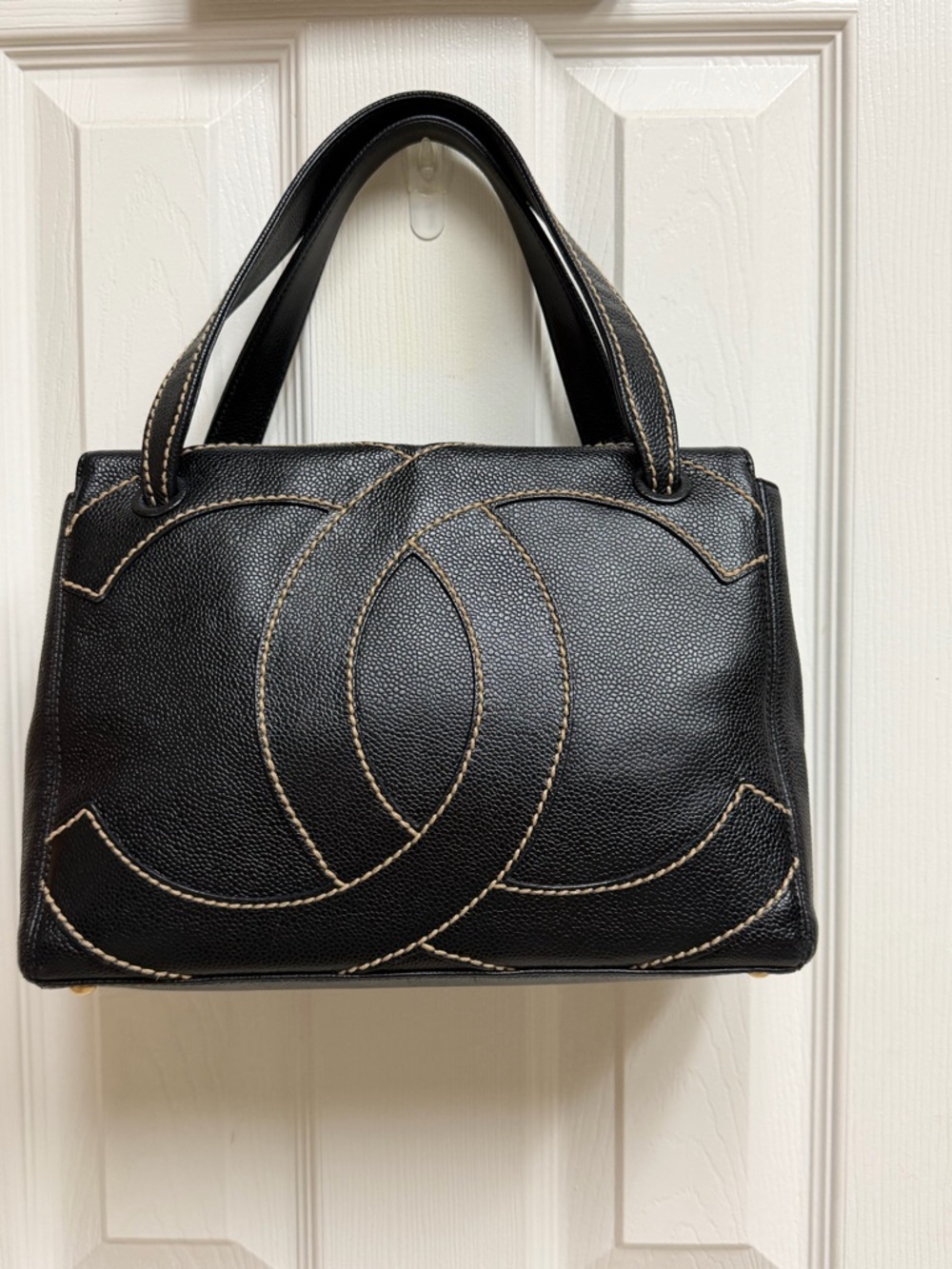 Black Leather Tote Handbag with Contrast Stitching